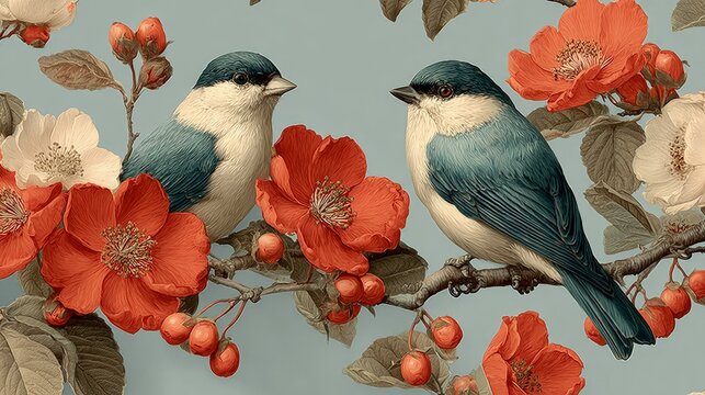 Two birds perched on a branch laden with vibrant red flowers and berries against a soft blue background