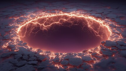 Glowing Electric Portal with Red Lightning Frame and Cracked Rock Base Symbolizes Advanced Dimensional Gateway Technology and Cosmic Energy Display in Futuristic Sci-Fi Settings