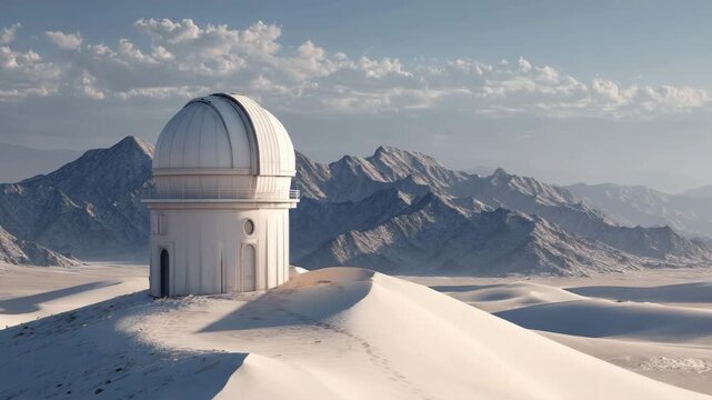 White observatory structure on desert landscape with mountains in background, representing off-grid, independent, eco-living concept  