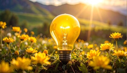 A radiant light bulb sits amidst a field of cheerful yellow flowers, bathed in the warm glow of the setting sun.