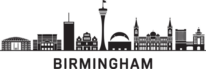 Obraz premium Birmingham Skyline Silhouette Vector Illustration Depicting Cityscape with Landmark Buildings