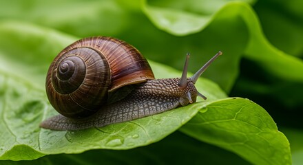 Garden Snail Crawling on a Fresh Green Leaf.