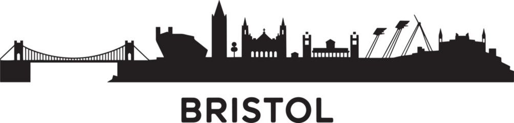 Detailed Bristol City Skyline Silhouette with Bridges and Landmarks on Transparent Backdrop