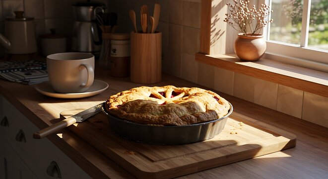 Freshly Baked Apple Pie on a Wooden Countertop.