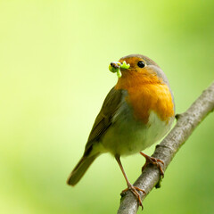 Rotkehlchen mit Wurm im Mund