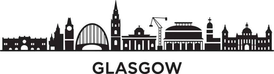 Detailed Silhouette of Glasgow Scotland Skyline Vector Illustration with City Name Below