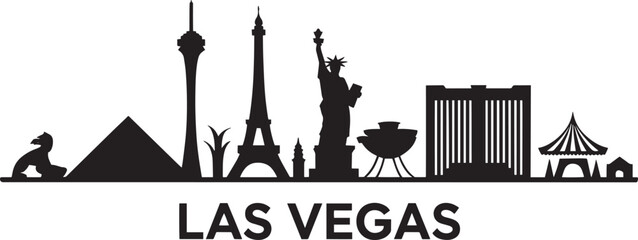 Las Vegas Skyline Silhouette Vector Illustration with Cityscape and Landmarks in Black and White