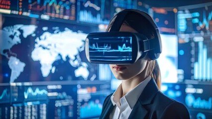 Businesswoman wearing virtual reality headset interacting with data visualization interface - Powered by Adobe