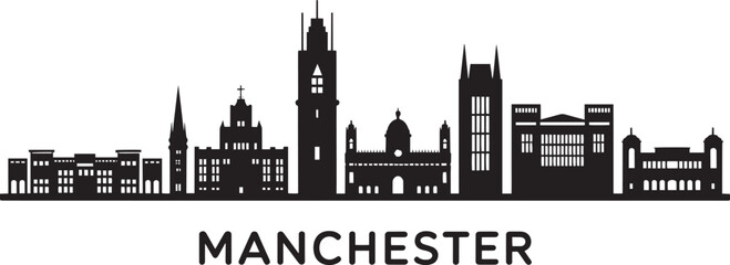 Obraz premium Manchester Skyline Silhouette Vector Illustration with Cityscape Buildings and Landmarks Design