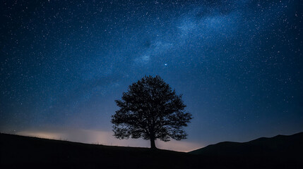 Silhouette of a lone tree beneath the Milky Way in a tranquil star-filled night sky landscape