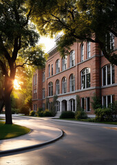 Red brick university campus building with arched windows and lush trees at golden hour