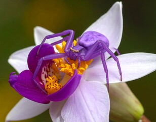 Vibrant purple spider camouflaged on a pale purple orchid blossom