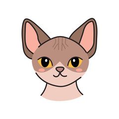 A cartoon illustration of a hairless cat with large ears and yellow eyes. The cat has a light brown and cream-colored coat, showcasing its distinctive features.