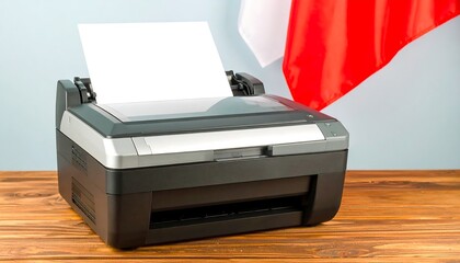 Office printer with blank paper on a wooden desk with the Polish flag in the background.