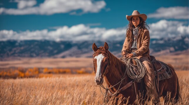Cowgirl on horseback in an open field during a sunny afternoon with dramatic clouds and mountains in the background