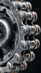 Close-up view of a bicycle chain and sprocket showcasing intricate details of metal work and design