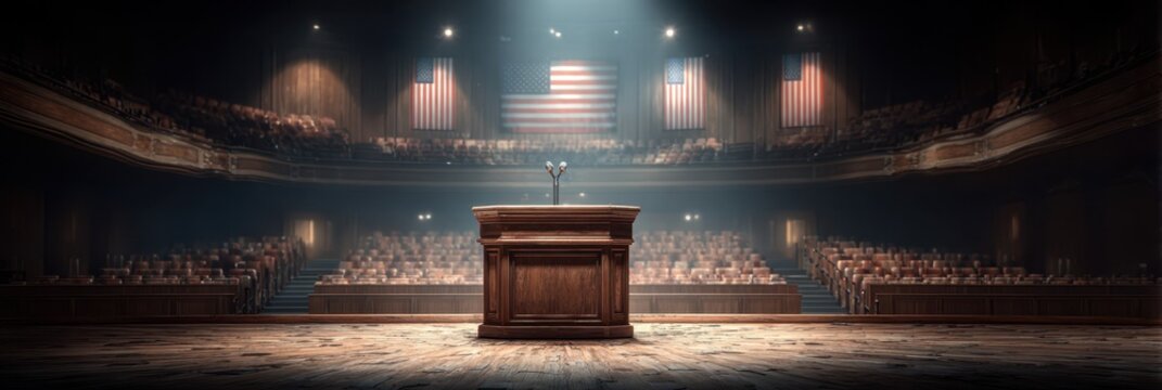 Empty auditorium with a wooden podium and microphone before a patriotic backdrop in a grand hall