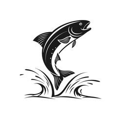 Stylized graphic of a leaping salmon fish, a monochrome vector silhouette icon perfect for fishing sport or seafood restaurant emblems