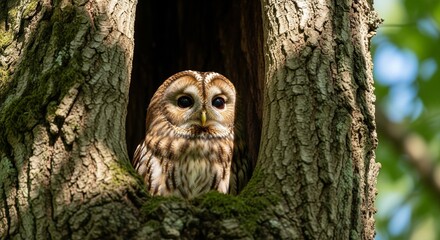 Brown owl with big round eyes in tree hollow, surrounded by mossy bark, dappled sunlight, natural atmosphere. Cozy forest theme. Meta AI Generated.