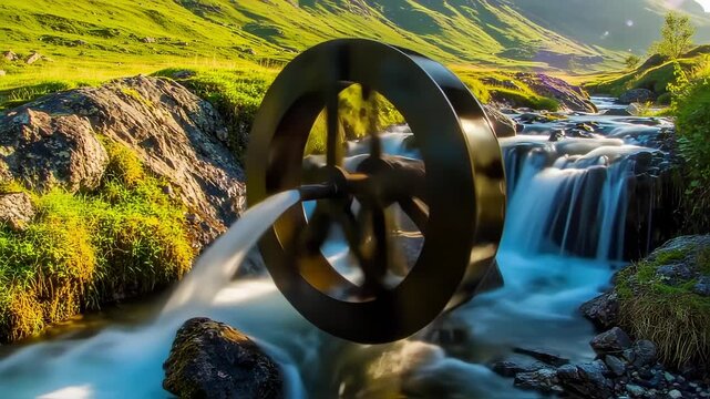 Mesmerizing time-lapse footage of waterwheel spinning amidst stunning mountain scenery