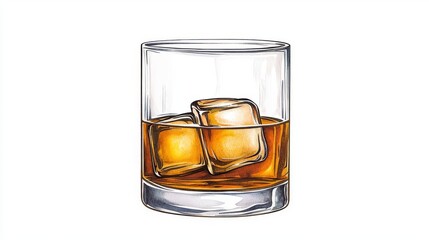 A close-up of a whiskey glass filled with ice cubes, capturing the rich amber color and refreshing appearance.