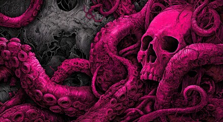 Pink skull and octopus tentacles art print, gothic horror illustration design