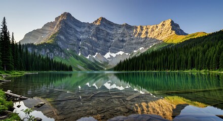 Obraz premium Mountain Lake Reflection in Tranquil Forest.