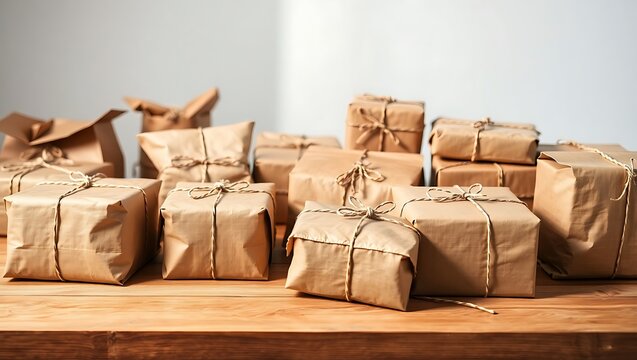 A collection of brown paper packages tied up with string on a wooden surface against white background