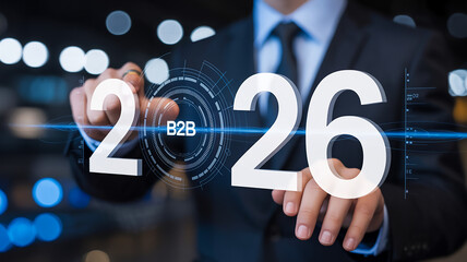 Futuristic 3D Digital Illustration of Year 2026 with Holographic B2B Interface and Hands Interacting with Floating Numbers
