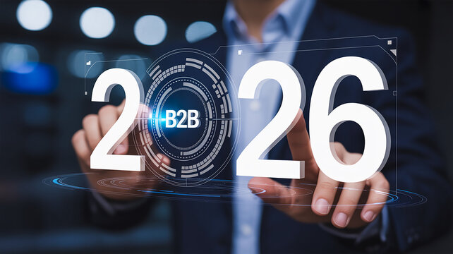 Futuristic 3D Digital Illustration of Year 2026 with Holographic B2B Interface and Hands Interacting with Floating Numbers - Powered by Adobe