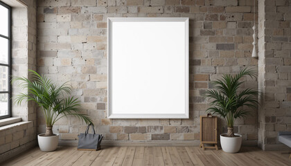 Blank advertising billboard in an empty room with a wooden floor and white walls