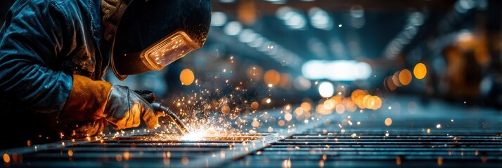 Welding sparks illuminate a worker dedicated to metal fabrication in a busy industrial setting