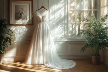 Elegant white wedding dress with lace details and long flowing train hanging in a bright interior with sunlight and greenery, romantic bridal couture gown 