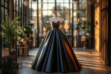 Luxury black evening gown displayed on a mannequin in a modern fashion studio with warm sunlight and elegant decor, couture formal dress with 