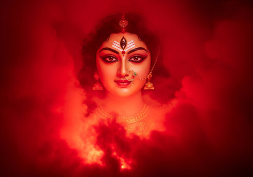 Hindu Goddess Durga face in the red smoke background