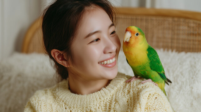 Close-up of happy parrot sitting on the shoulder of a young asian woman, wearing sweater , smiling at the parrot. Living, soft, pastel. Friendship between owner and pet, woman and bird. Animal company