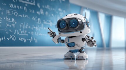 Robot Teacher Interacting With Students in a Modern Classroom Setting During a Science Lesson About Mathematics