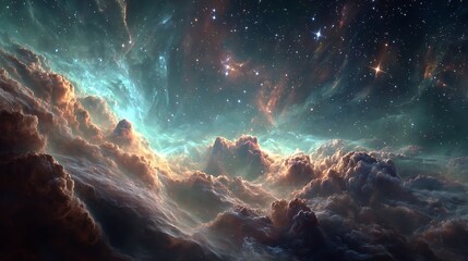 A breathtaking cosmic landscape of a vibrant nebula with glowing gas clouds and distant stars in deep space.