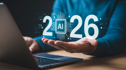 Futuristic Digital Illustration of 2026 Floating Above Laptop with Holographic AI Chip and Circuit Network Visualization