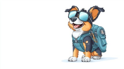 A cheerful dog wearing sunglasses and a backpack, ready for an adventure on a bright day.