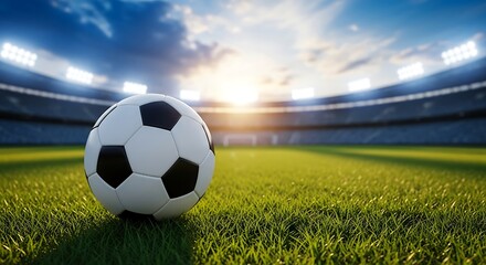 Soccer ball on green grass field in stadium at sunset, sport concept