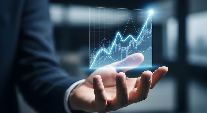 Futuristic Business Growth Visualization — Hand-Supported 3D Holographic Line Chart Showing Rapid Revenue and KPI Acceleration with Neon Data Trails