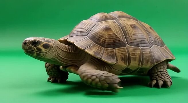 Majestic tortoise with textured shell walks forward on a vibrant green background