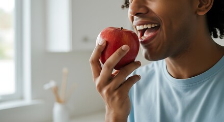 Happy person enjoying a fresh red apple.