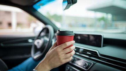 Hand Holding Red Coffee Cup Inside Car with Blurred Dashboard and Steering Wheel Background