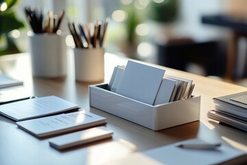 Modern business cards mockup in white holder on wooden desk with notebooks and pencils, professional corporate identity template for branding design
