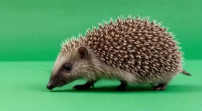 Curious hedgehog with spiky fur exploring a vibrant green background