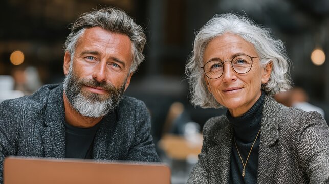 Mature couple collaborate using laptop at cafe during daytime business meeting