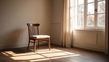 Fotografía minimalista de una silla vacía junto a una ventana con luz suave entrando, dejando un halo melancólico en el suelo.