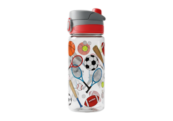 A clear plastic water bottle with sports themed graphics isolated on transparent background